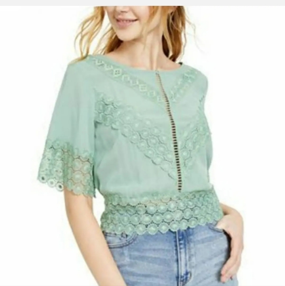 Self Esteem Crochet Lace Trim Bell Sleeve Crop Top Blouse in Sage Size S Cottage